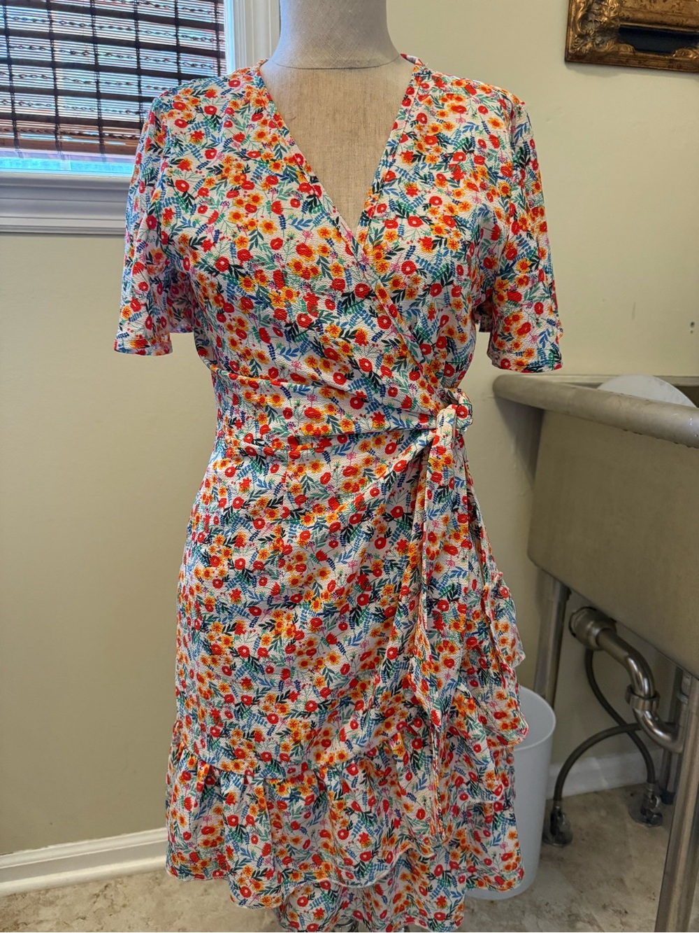 Floral Wrap Mini Dress in White with Orange & Green Print